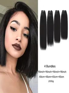 16-inch 4-piece medium-length straight hair bundles, natural black human hair extensions, quick braided ponytail extensions totaling 200g set