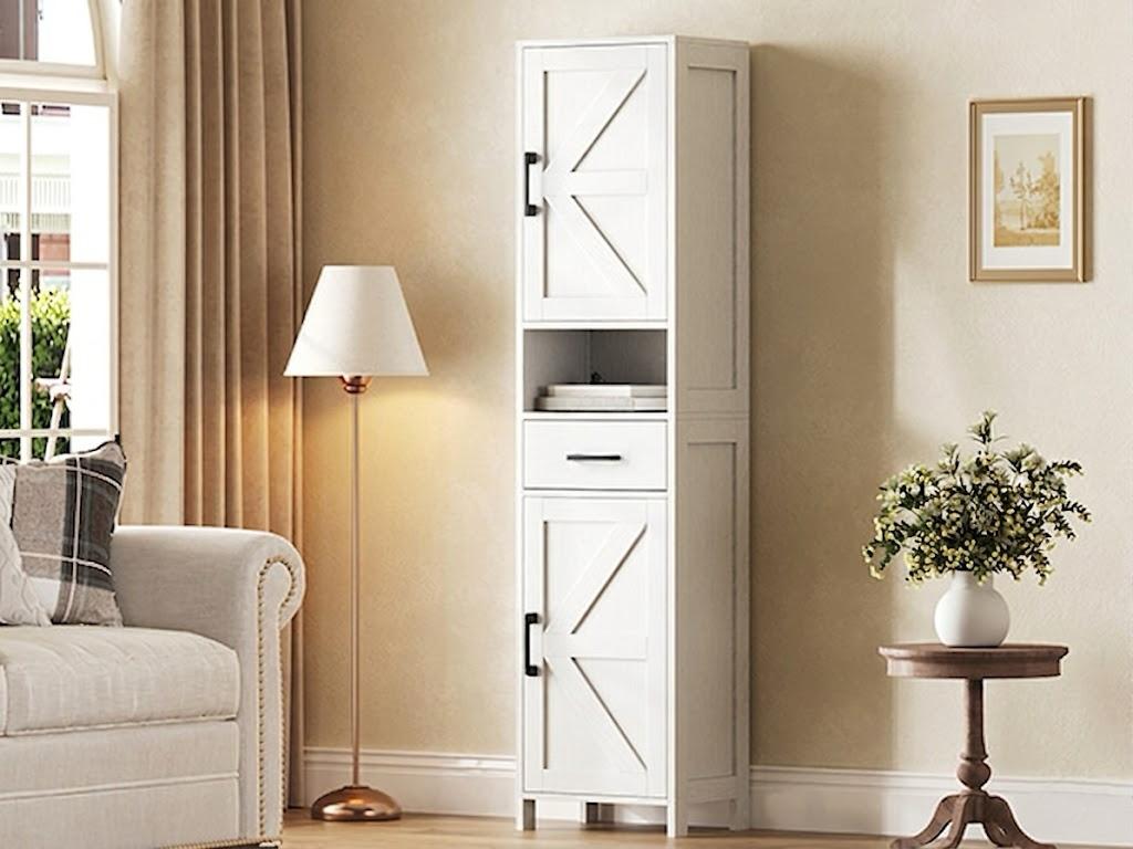 【Back to School】Sweetcrispy Slim Pantry Storage Cabinet, 67" Tall Freestanding Kitchen Cabinet with Drawer and 5-Level Adjustable Shelves, Modern Barn Door Linen Tower for Bathroom, Bedroom, Living Room, White, Storage Organization, Room Storage