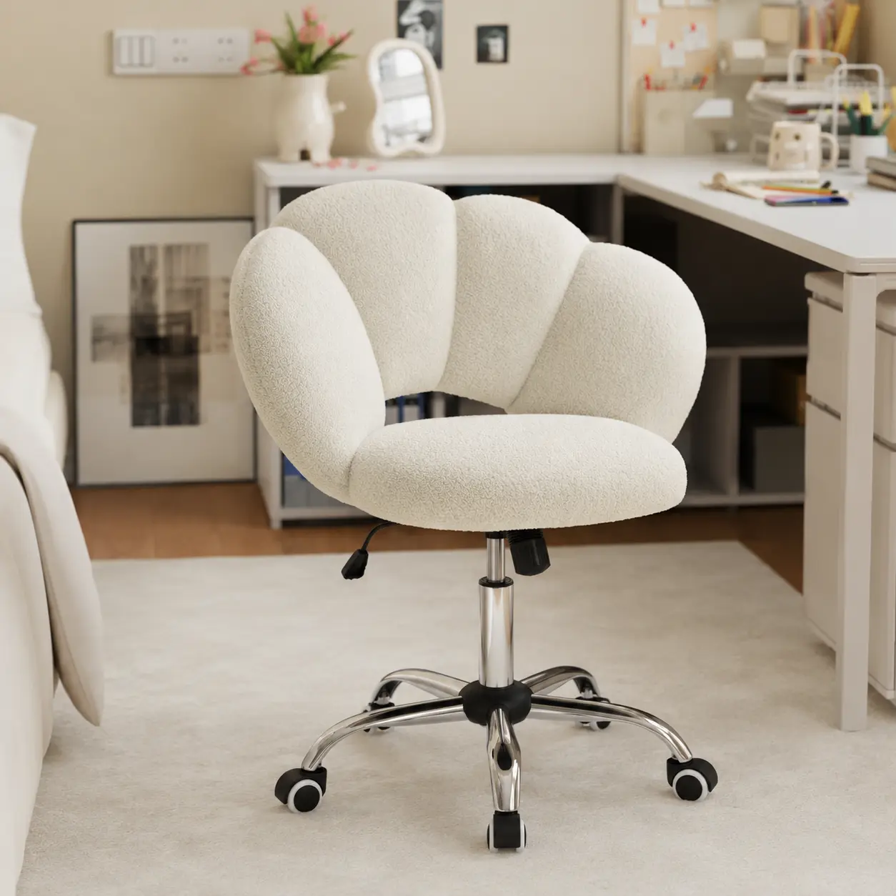 Costoffs Adjustable Boucle Desk Chair, Cloud-Inspired Upholstered Vanity Chair with Wheels, Rolling Home Office Computer Chair for Bedroom, Living Room