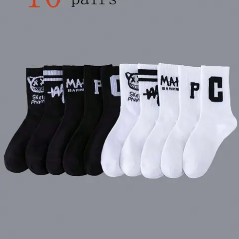 Men's Striped & Letter & Cartoon Graphic Print Crew Socks Pairs, Casual Soft Comfy Breathable Socks for All Seasons Daily Wear, Casual Stylish Socks, Casual Fashion Socks, Men's Socks