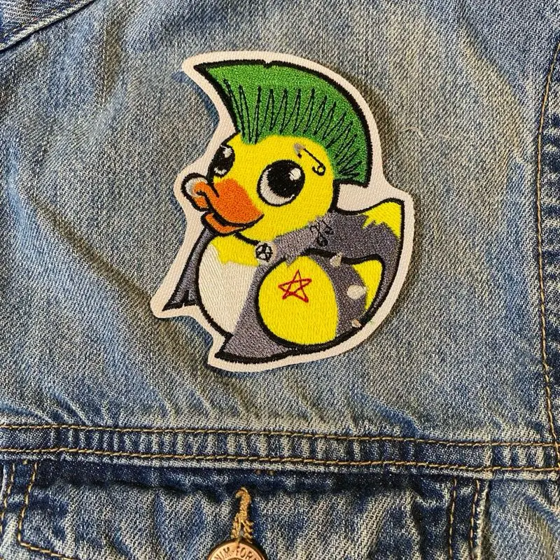 Edgy Style Punk Rock Duck Embroidered Iron-On Patch - Skull Applique Sewing Accessory for Jacket, Backpack Customizing