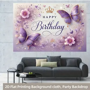 2D Flat 1pc Purple Butterfly Birthday Party Polyester Photography Backdrop, Banner Flag for Photo Background Decorations – Perfect for Home, Garden, Yard Anniversary Celebrations & Photo Booth Props