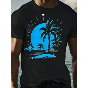 Men's Casual Short Sleeve T-Shirt with Crescent Moon and Palm Tree Print, Breathable Stretch Fabric for Summer Beach Vacation, Summer Outings, Travel Essentials, Tropical Print, Graphic Tee, Easy Care, Stretch Material, Vacation Top, Printed Shirt, Travel