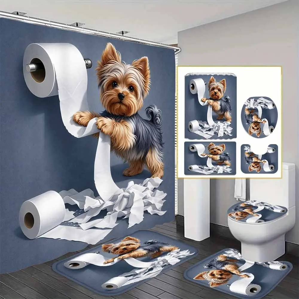 Bathroom-Friendly Flannel-Polyester Anti-Splash Shower Curtain Set (4-Piece) - 70.87x70.87in Curtain, Nonslip Toilet Lid Cover, U-Shaped Mat, 12 Hooks, Home Bathroom Addition, Holiday Gift, Anti Splash Shower Curtains Sets