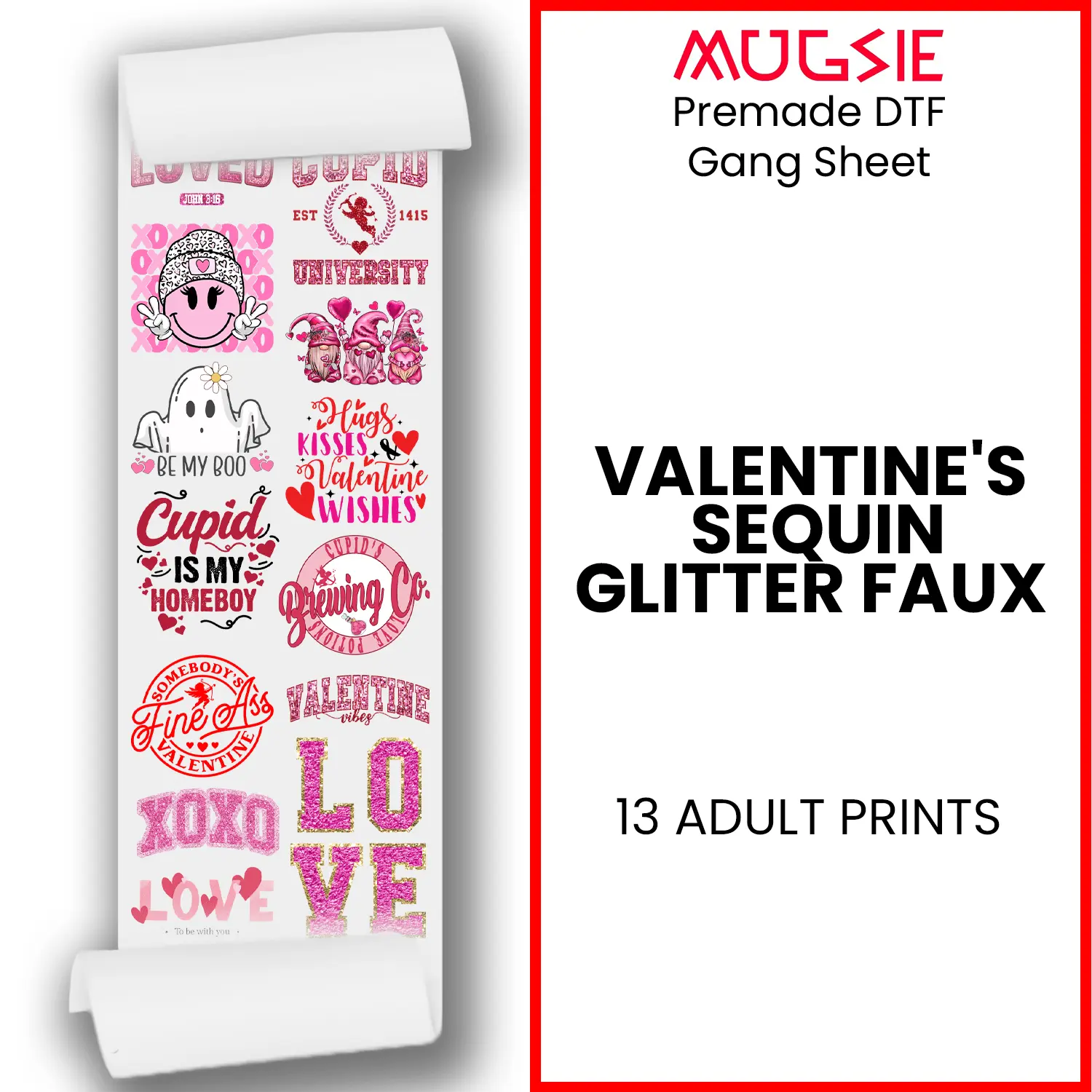 Valentine's Sequin Glitter Faux DTF Transfer 22x60 Direct-to-Film Gang Sheets
