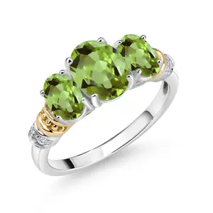 Gem Stone King 2.45 Cttw Oval Green Peridot and White Diamond 3-Stone Ring For Women | 925 Sterling Silver and 10K Yellow Gold | Gemstone August Birthstone | Available In Size 5, 6, 7, 8, 9