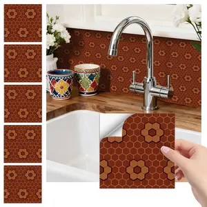 24PCS FHZ Classic Art Tile Brown Honeycomb Pattern Wall Stickers | PET Matte | Peel & Stick Removable Waterproof Oil-Proof for Kitchen Backsplash Bathroom Bedroom Office School