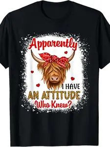Retro Highland Cow T-Shirt - Bleached Scottish Cow Graphic Tee with "Apparently I Have an Attitude" Slogan, Casual Round Neck Shirt Suitable for Year-Round Wear, Machine Washable Apparel for Scottish Culture Fans