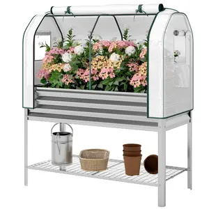 Outdoor Galvanised Raised Garden Bed with Greenhouse Cover, Silver Elevated Planter Box on Legs, 44 Gal Capacity, Bottom Mesh Shelf, Non Woven Liner, 19.7" Tall, Roll Up Zippered Door, for Backyard Patio Vegetables Herbs Flowers
