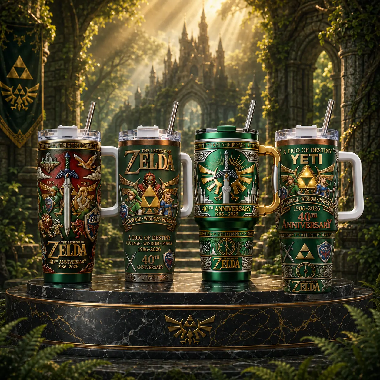 [Collection] The Legend of Zelda 40th Anniversary 1986–2026 Vintage Fantasy 40oz & 20oz Stainless Steel Tumbler with Handle – Hyrule Adventure Insulated Mug, Retro Hyrule Gaming Cup, Leakproof Travel Gift.