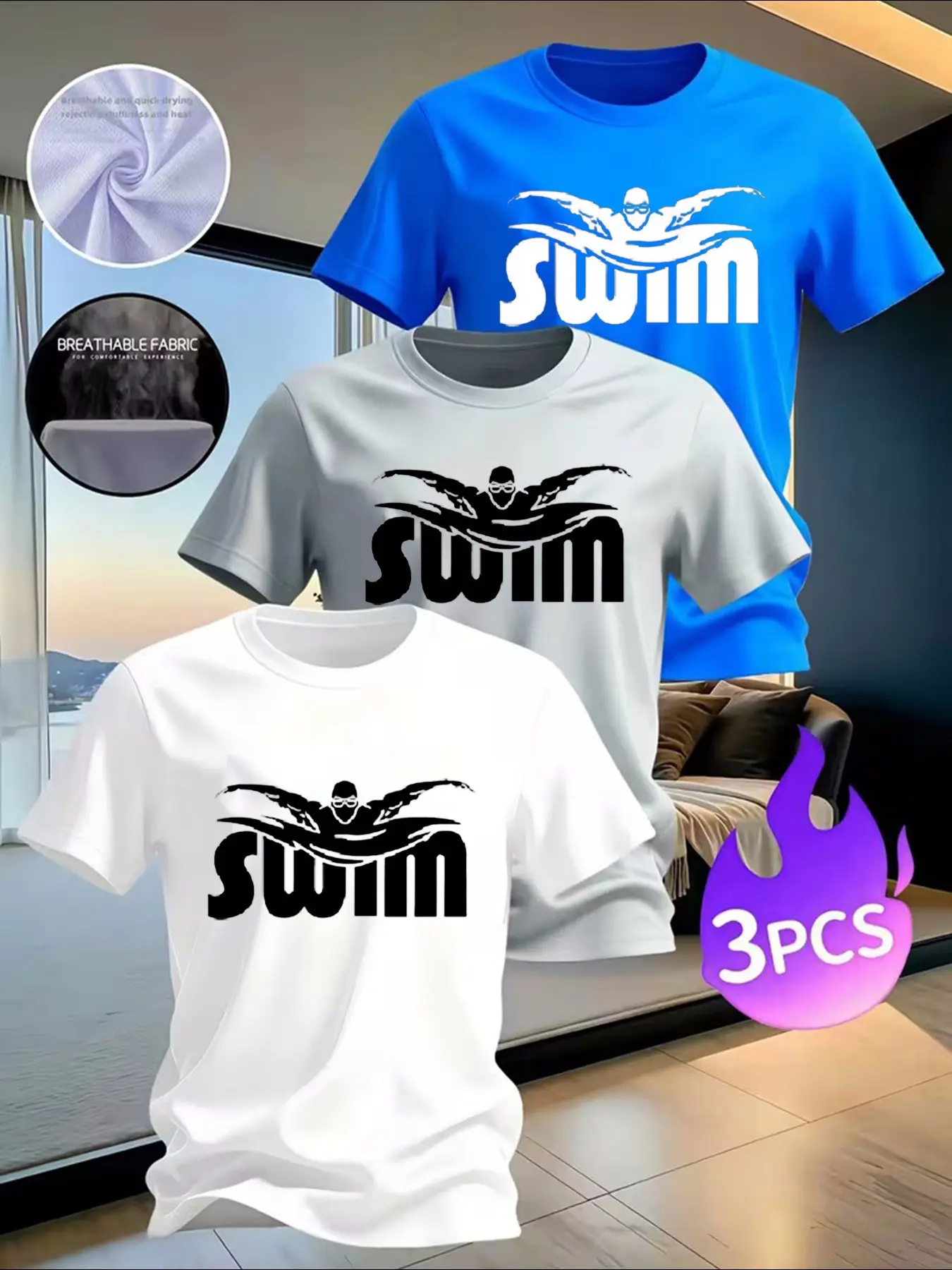3-Pack Men's Swim Graphic T-Shirts, Breathable Crew Neck Short Sleeve Tees, Casual Sport Tops for Swimming & Daily Wear, Active T Shirts, Activewear T Shirt