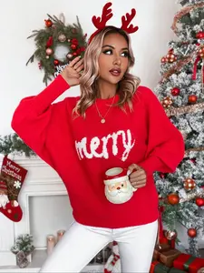 Women's "Merry" Letter Print Lantern Sleeve Sweater, Casual Cute Round Neck Jumper for Daily Outdoor Wear, Women Knitwear for Fall & Winter