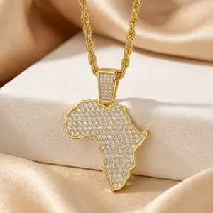 Iced Out Africa Map Pendant Necklace with Gold-Silver Tone Hip Hop Rope Chain