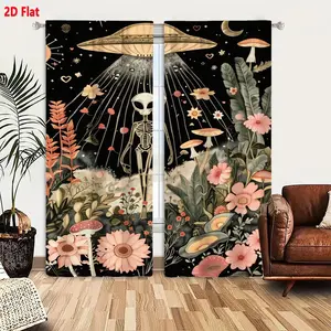 2D Flat Bohemian Sci-Fi Alien & UFO Blackout Curtain 2-Piece Set, Whimsical Night Sky Floral Mushroom Design, Soft Peach Cream Green Bedroom Window Drapes, Crescent Moon Stars Celestial Pattern, Light Filtering Thermal Insulated Curtains for Living