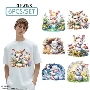 6 Pack Cute Music Bunny Iron On Vinyl Stickers Water Resistant for DIY Tshirt Hoody Jeans Bag Pillow Decoration Diy Material