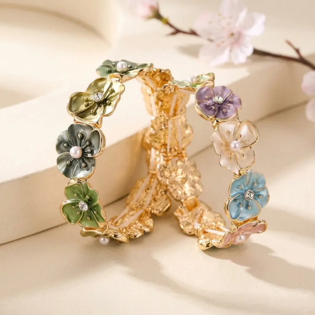 Women's Vintage Floral Enamel Elastic Stretch Open-Cuff Bracelet - Multicolor Boho Elegant Fashion Jewelry Stack, Flower Charm Beaded Accessory Finds, Gold Aesthetic Statement Piece for Party, Daily Wear, Cuff Bangles Bracelets, Elastic Bangle Bracelets
