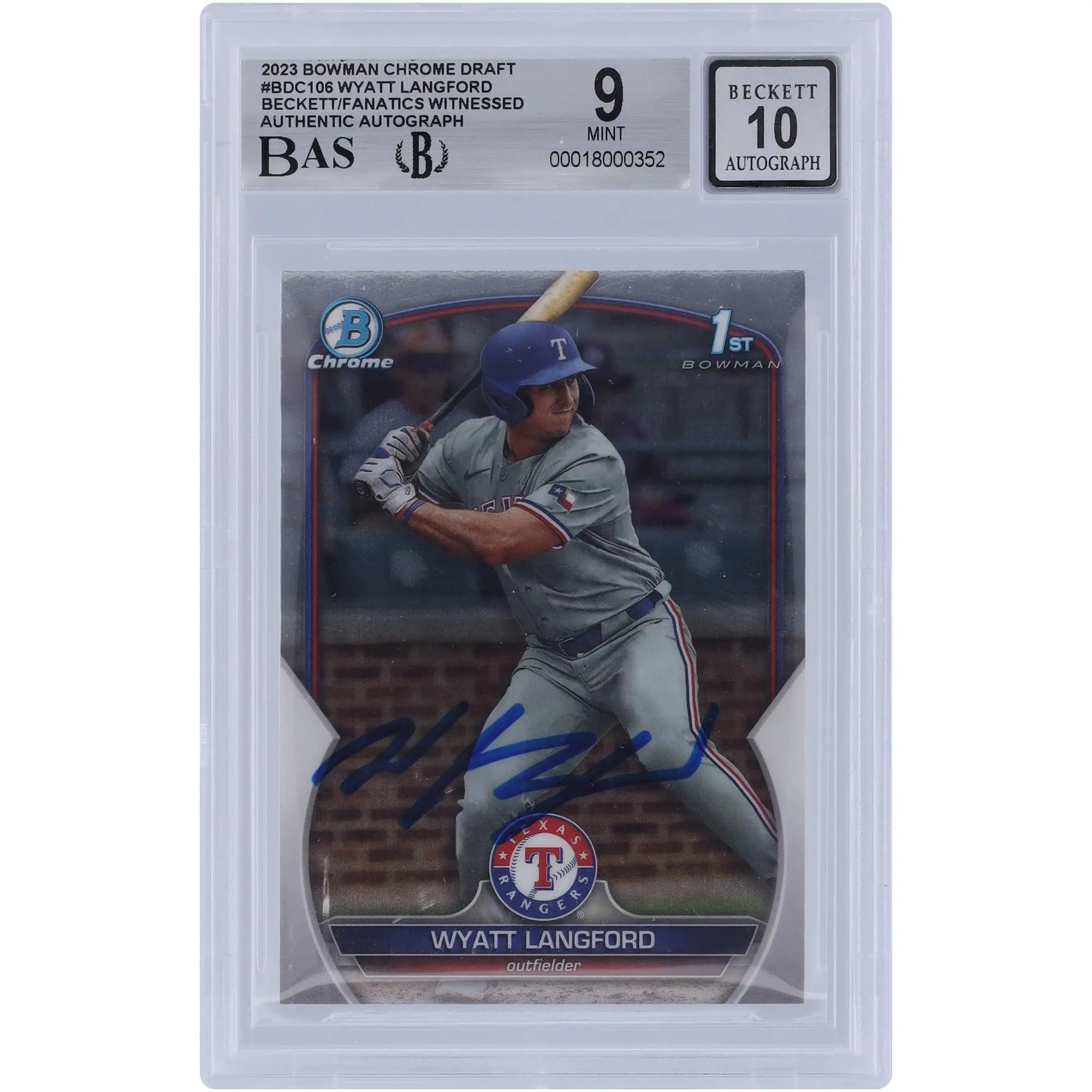 Wyatt Langford Texas Rangers Autographed 2023 Bowman Chrome Draft #BDC-106 Beckett Fanatics Witnessed Authenticated 9/10 Card - Fanatics Authentic Certified