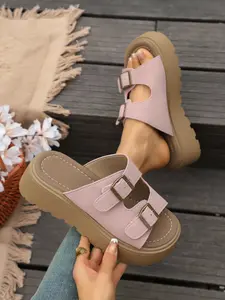 2026 Summer New Peach Color Double Buckle Thick Sole Sandals for Women, Retro Gold Buckle Platform Outdoor Slippers, Thick Soled Sandals