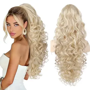 Ponytail Extension, 24" Fluffy Long Wavy Curly Claw Clip Hair Extensions Ponytail Multi-layered Clip in Fake Pony Tails Natural Soft Synthetic Hairpiece Ash Blonde White Blonde Highlights