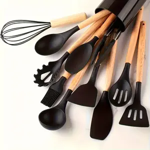 12pcs High End Wooden Handle Silicone Kitchen Tool Set, Heat-Resistant Cooking Shovel and Spoon, Durable Storage Bucket Included
