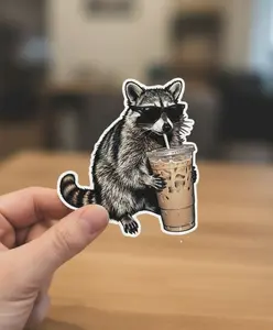 Raccoon Drinking Iced Coffee Sticker | Funny Animal Meme Sticker | Coffee Lover Raccoon Sticker, Laptop Water Bottle Decal