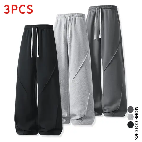 #SohoChic Men’s 3PCS Baggy Wide-Leg Drawstring Sweatpants - Loose Fit Style, Smooth Lounge Pants with Cut Seam, Sohochic Fashion Streetwear for Daily Gym & Hangouts