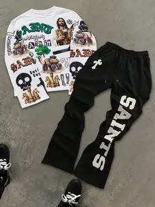 "SAINTS" Gothic Streetwear Set - Jesus & Camel Graphic Long Sleeve Top + Cross Print Flared Pants Casual Tracksuit
