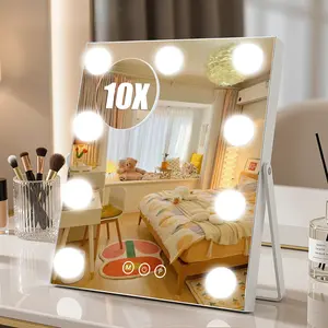 Rechargeable Vanity Mirror with Lights, 16"×10" Hollywood Makeup Mirror with 9 Dimmable Bulbs, 3000mAH Battery, 3-Color Lighting, Dimmable, 10x Magnification, Desk Mirror, Dorm Room Essentials (White)