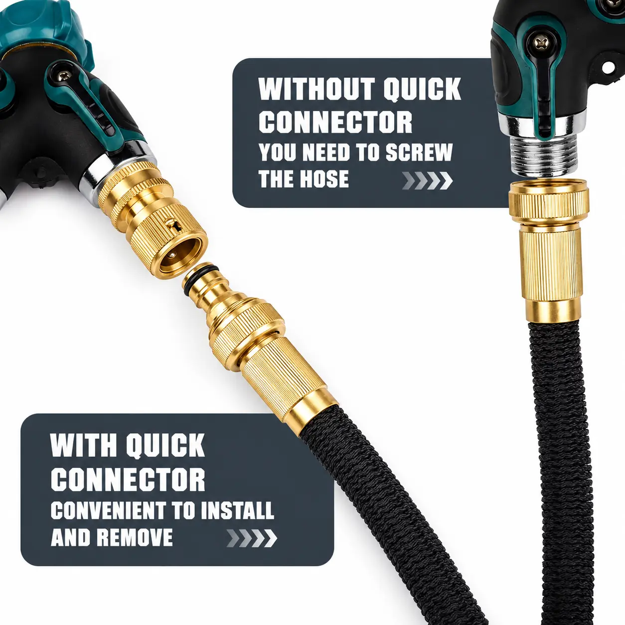 Garden Hose Quick Connector, 1 PCS Solid Brass 3/4 Inch GHT Thread Fitting (NO Sprayer), No-Leak Water Hose Female Adapter (No Male), Garden Hose Connectors