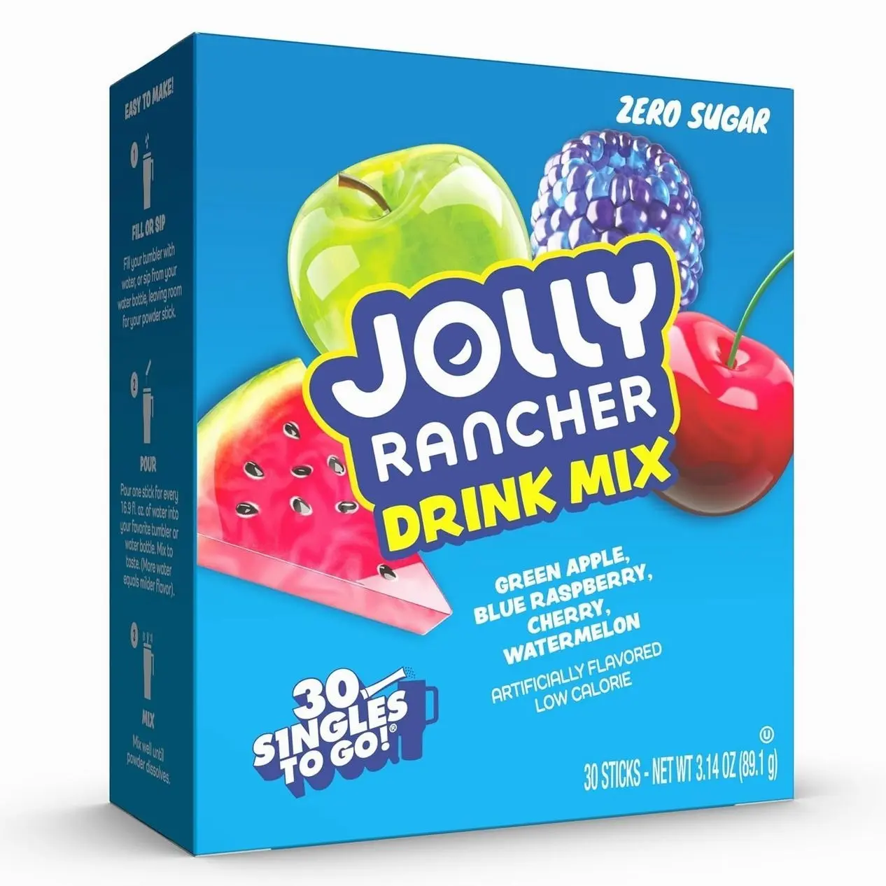 Jolly Rancher Singles To Go Variety Pack, Powdered Drink Mix, Zero Sugar, Low Calorie, Includes 4 Flavors: Green Apple, Blue Raspberry, Cherry, Watermelon, 1 Box (30 Single Servings)