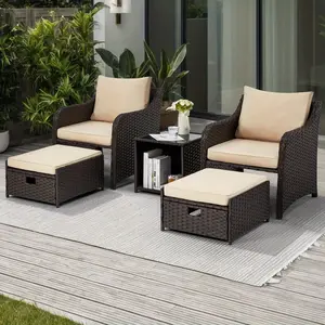 5-Piece Patio Conversation Set, 2 Chairs with 2 Ottomans & Glass-Top Coffee Table, PE Wicker Outdoor Furniture for Indoor/Outdoor Use, Cushions Included, Khaki/Gray