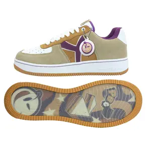 YUMS PB&J Sneakers - Tan, White, and Purple Suede Streetwear Shoes - Low Top Beige Brown Fashion Sneakers
