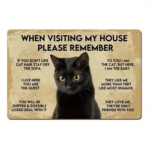 Funny Cat Rules Metal Poster, Vintage Black Cat Wall Decor with "Remember When You Visit My Home", Metal Sign for Living Room, Bedroom, Apartment, Cats Decor, Humorous Home Accent, Bedroom Decoration