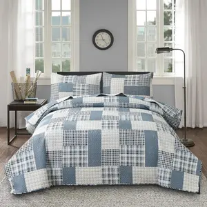 King Size Plaid Quilts Blue White Stripes Bedspread Coverlets Reversible Lightweight Patchwork Bedding Set for Boys Bedroom Decorations Blanket Throw with 2 Pillow Shams