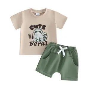 Babamoon Toddler Baby Boy Summer Outfits Raccoon Letter Print Short Sleeve T-shirt and Solid Shorts 2 Piece Clothing Set 3M-3Y