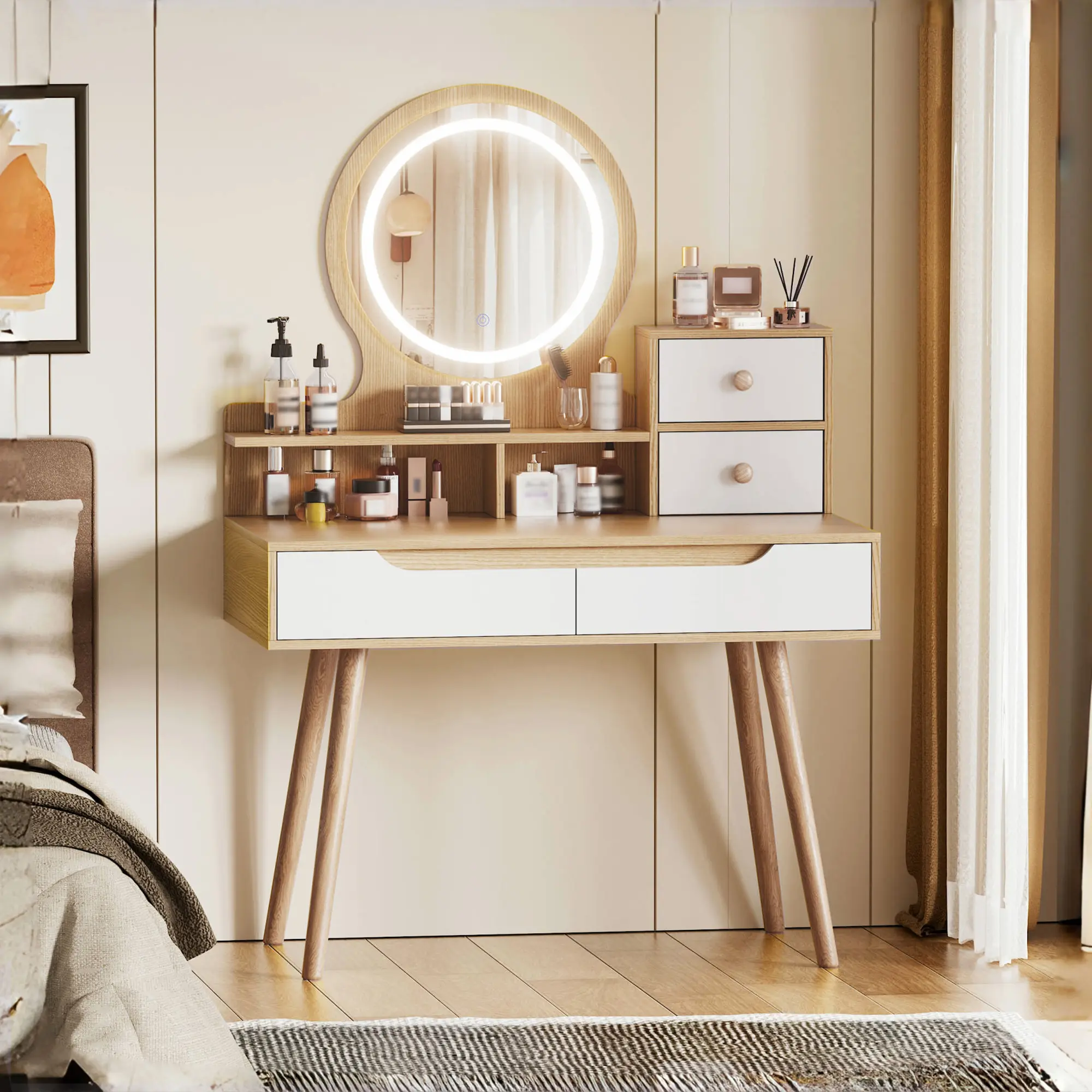 Sturdy Contemporary Makeup Vanity Furniture - Small Space Modern Dressing Table with 3-Color Adjustable LED Mirror (Including Warm White), Solid Wood Legs, 4 Drawers, 3 Open Storage Shelves for Makeup Organization, Bedrooms & Bathrooms, 4-Drawer Unit