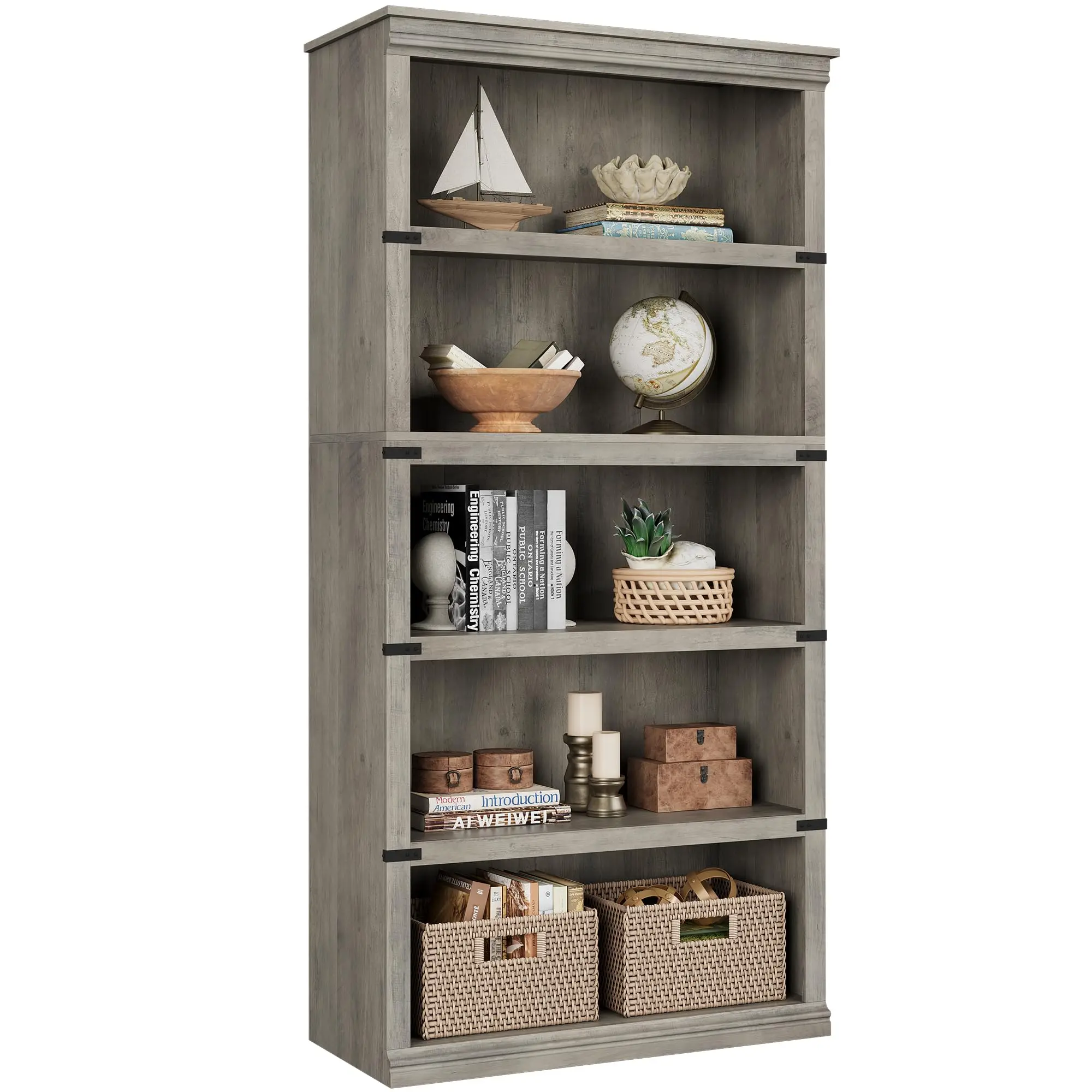 Gray 5-Tier Rectangular Wooden Bookcase, 67.4in Large Open Stable Single Unit, Rustic Farmhouse Decor Storage Shelf for Living Room & Office, Wall Anchor Kit