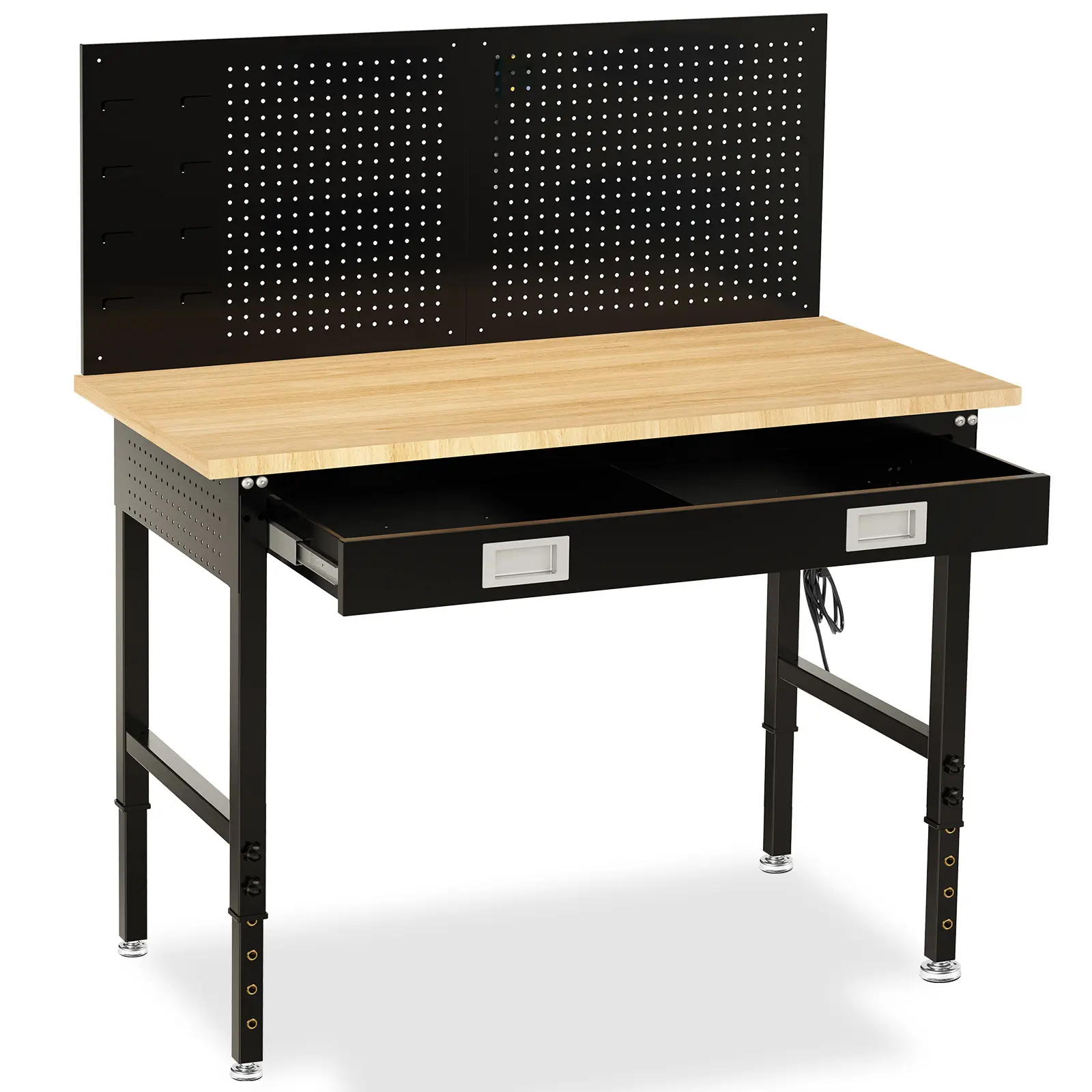 MUWOOD Adjustable Height Rubberwood Workstation - 48/60in Storage Drawer Platform, Tool Organizer Work Bench with Pegboard, Power Outlets for Garage, Woodworking Shop