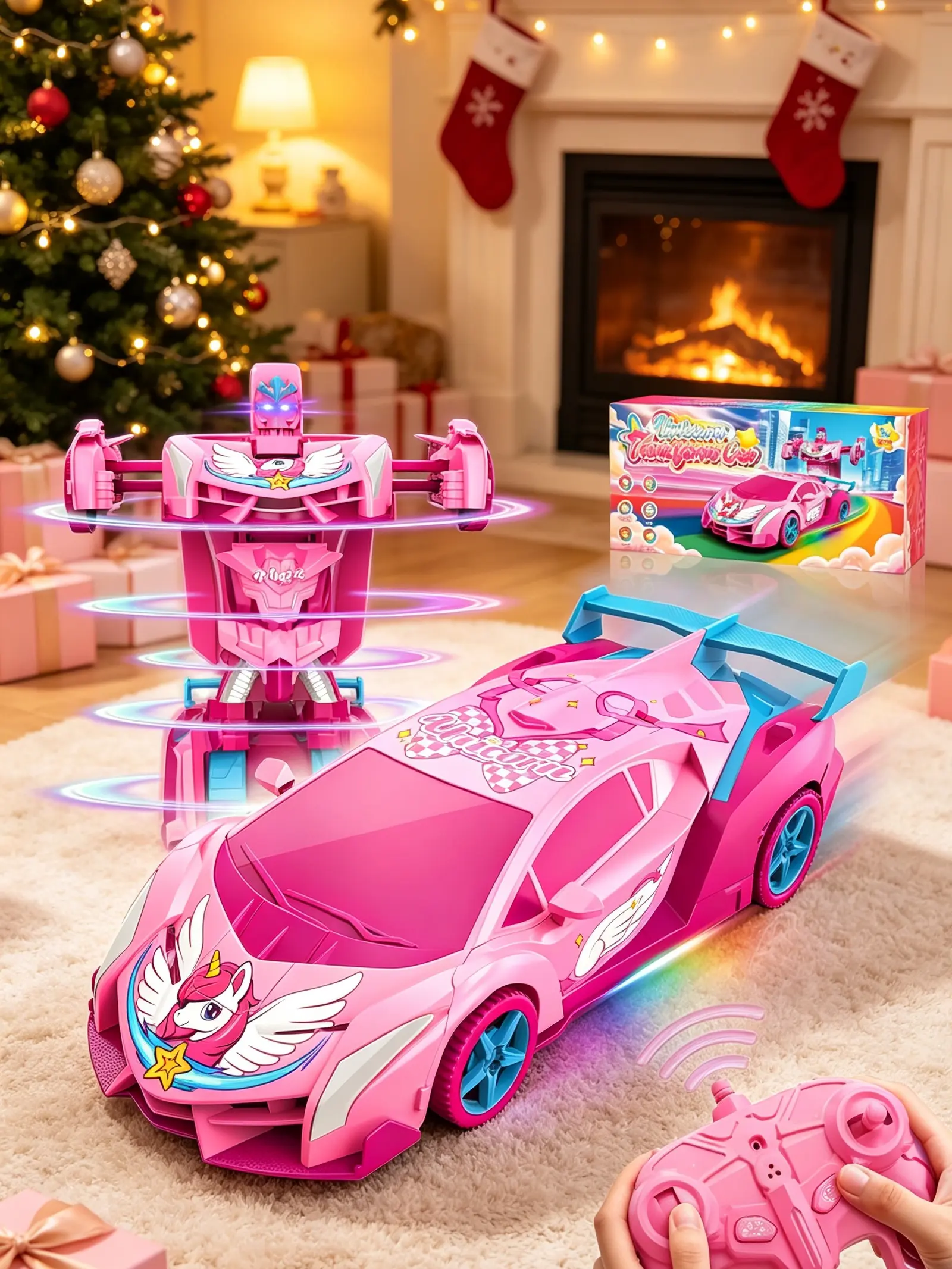 Pink Unicorn Transforming RC Car for Girls - Rainbow Eyes, Underbody Lights boy 4-7 8-12 tibibee transform easter rc car