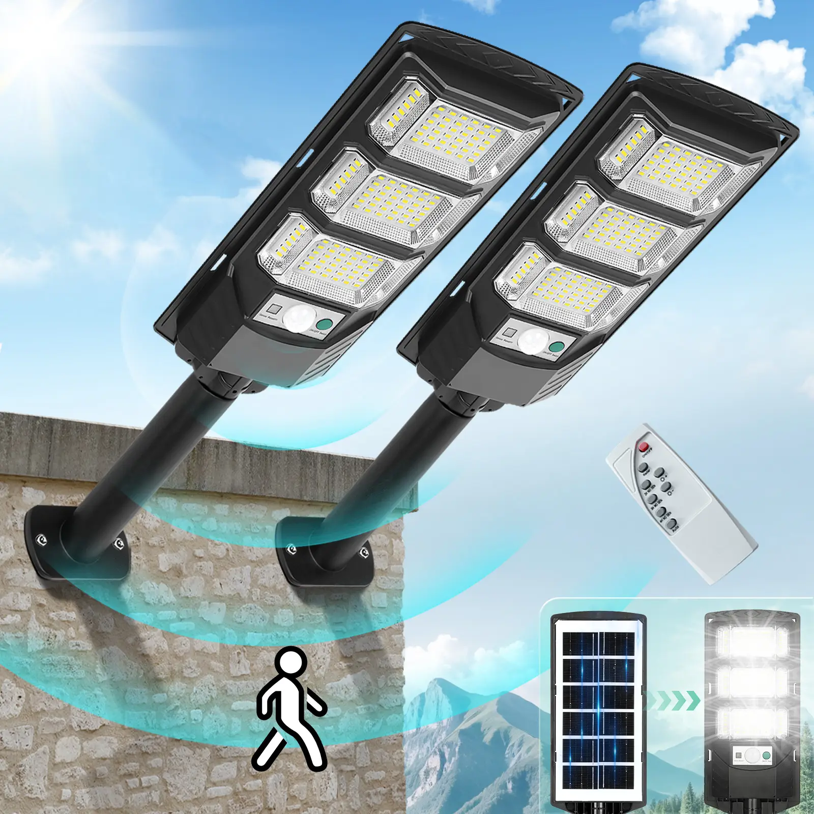 2 Pack 10000LM 300W Solar Street Lights Outdoor With Motion Sensor Waterproof, 5730SMD Wide Angle Solar Flood Security Lights christmas tree eternity