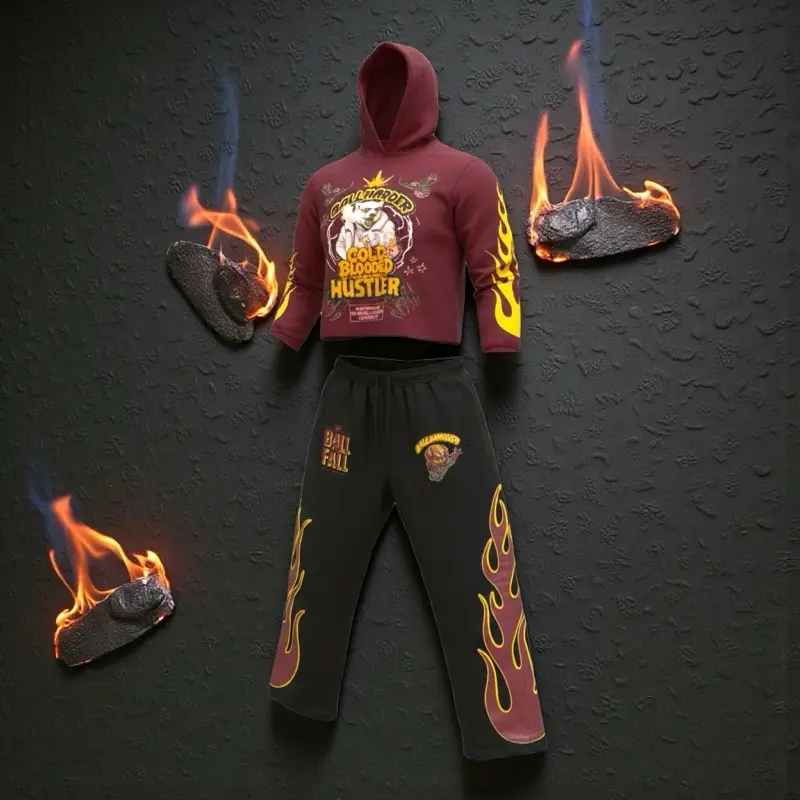 HUSTLER SET Cold Blooded Hustler Hoodie with Flame Design & 100 Ball Fall Pants Set