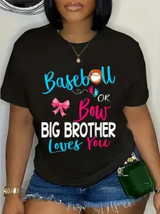100% Cotton Unisex Baseball Gender Reveal-Baseball or Bow Big Brother Loves You Round Neck Short Sleeve T-Shirt Women's Men Graphic Tee