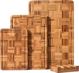 End-Grain   Board Set of 3 with Holder, Checkerboard Butcher Block Style Chopping Boards, Wooden  Boards for Kitchen, -Friendly Charcuterie Boards with  Stand