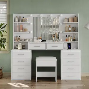 FUSOU 55'' W Makeup Vanity with Mirror & Lights, [Shipping by 2 Packages] ,10 Drawers Vanity Desk with Charging Station, 6 Open Shelves, 3 Lighting Modes Brightness Adjustable, Glass Top Vanity with Chair for Bedroom, White