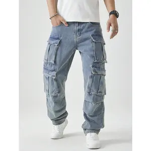 Men's Casual Washed Straight Leg Cargo Jeans Menswear Viscose baggy jeans men Pants Denim Streetwear Trouser Fabric