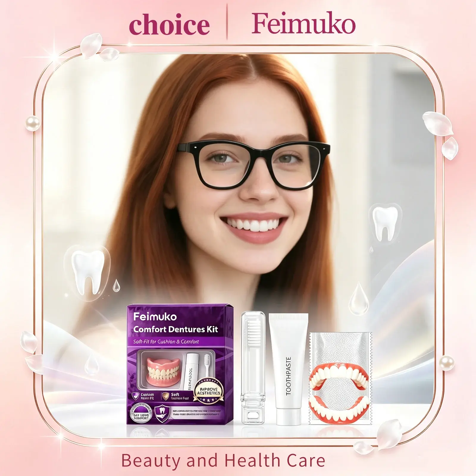 Feimuko Full Set Silicone Dentures Upper Lower Moldable Comfort Fit Instant Smile False Teeth For Men Women Oral Beauty Care Kit
