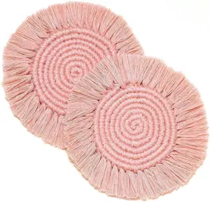 2 Packs Macrame Boho Pink Coaster for Drinks Absorbent Handmade Cotton Drink Coaster Woven Cup Mat Pad for Holiday Daily Home Kitchen Room Office Table Desk Housewarming Party Table Decoration- 7in