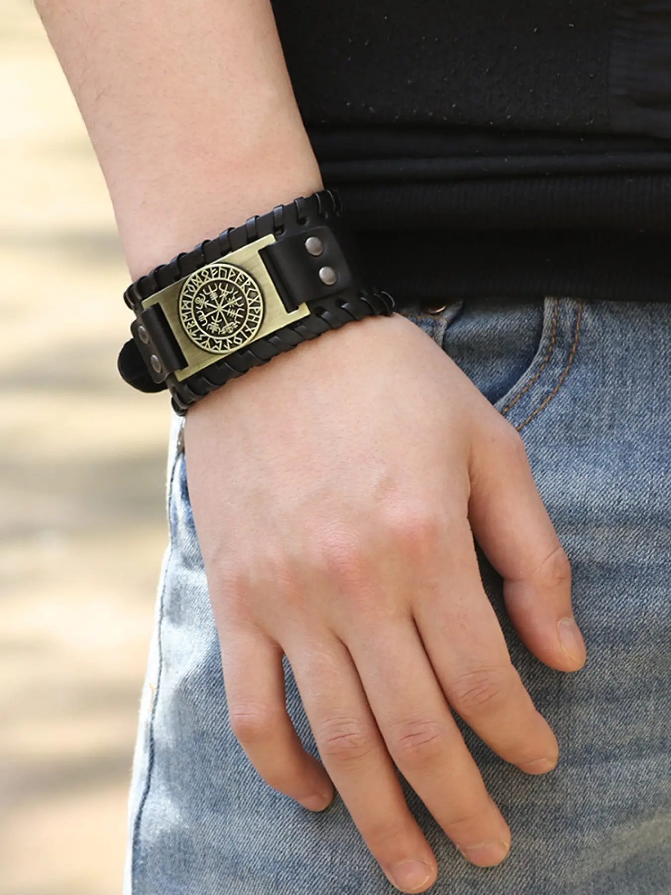Vintage Pirate Compass PU Leather High Quality Bracelet, Punk Style Wide Braided Bangle, Unisex Cool Unique Jewelry for All Seasons, Fashion Cool Accessories