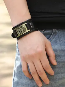 Vintage Pirate Compass PU Leather High Quality Bracelet, Punk Style Wide Braided Bangle, Unisex Cool Unique Jewelry for All Seasons