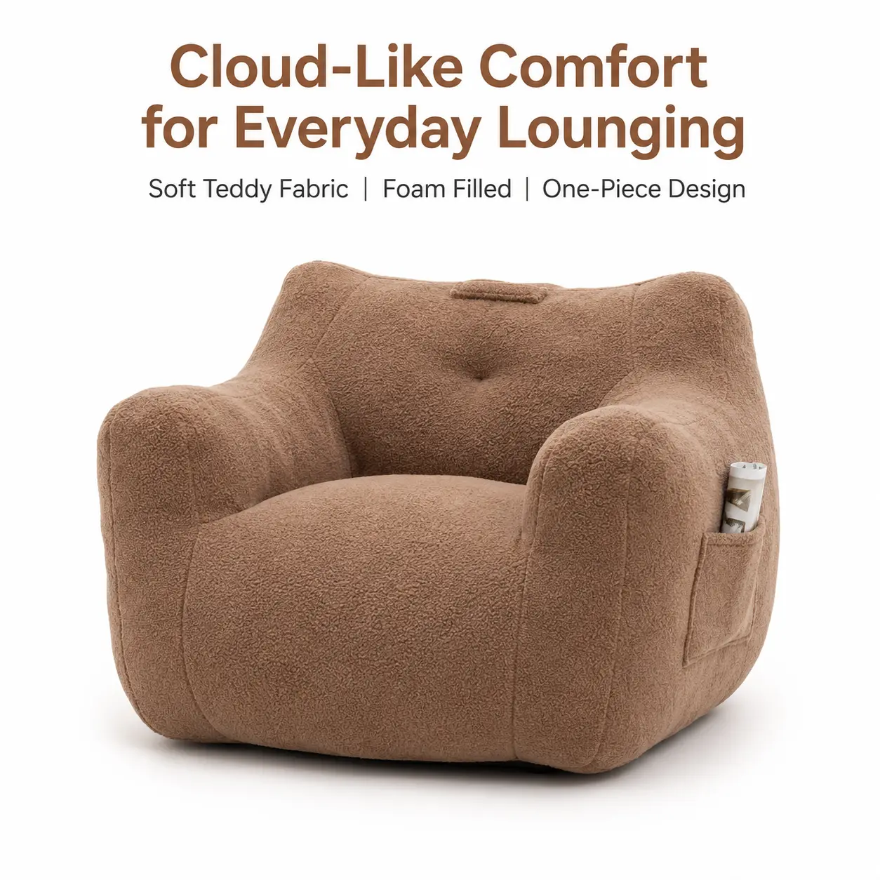 Compressed Foam-Filled Teddy Accent Chair - Soft Upholstered Single Lounge Chair with Side Pocket for Indoor Use